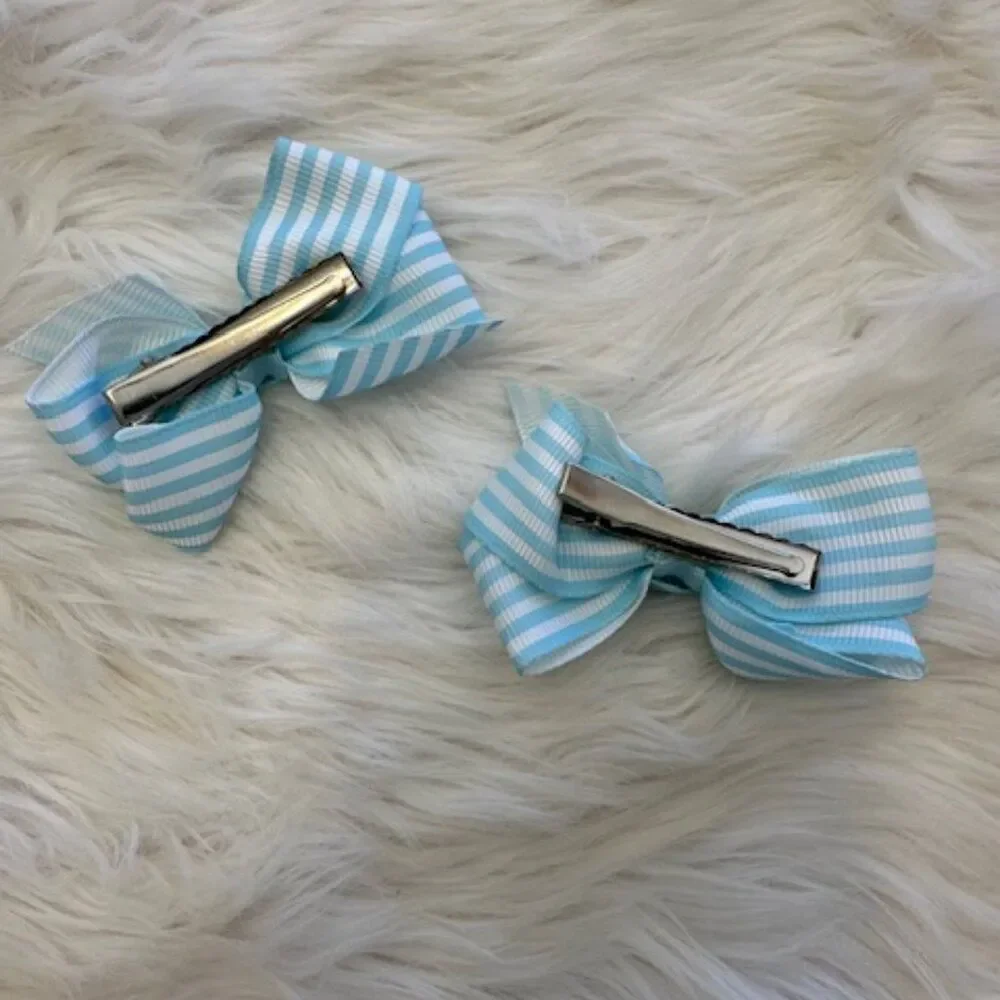 ****  SET of Blue & White Stripe Boutique Bows  7693  Handmade NWT Boutique